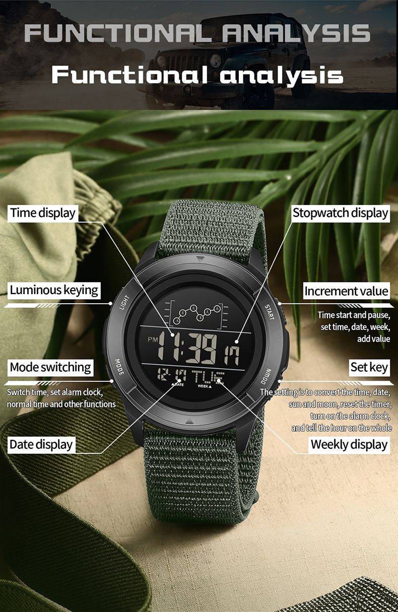 Digital Sports Watch For Students – 50M Waterproof, Multi-Function, Nylon Strap – LED Backlight & Military-Inspired Design_voghion.com