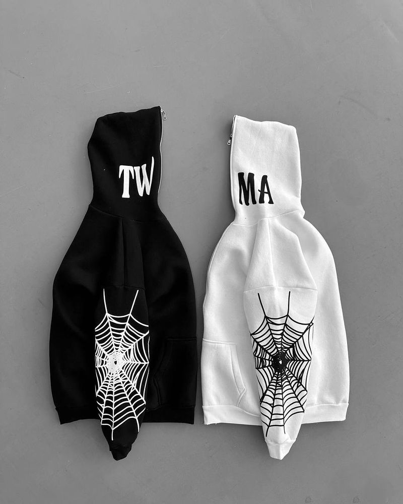 Felpa con cappuccio Spider Web - Felpa con cerniera stile streetwear gotico (stampa 3D, vestibilità oversize unisex, versatile in bianco e nero)_voghion.com