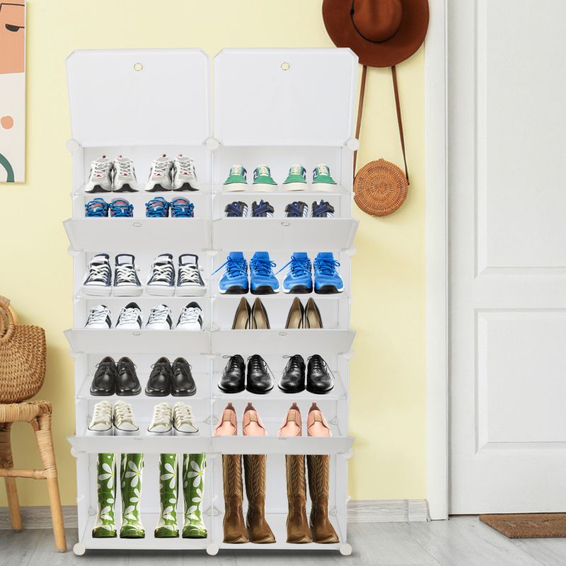 7-Tier Portable 28 Pair Shoe Rack Organizer 14 Grids Tower Shelf Storage Cabinet Stand Expandable for Heels, Boots, Slippers, White RT_voghion.com