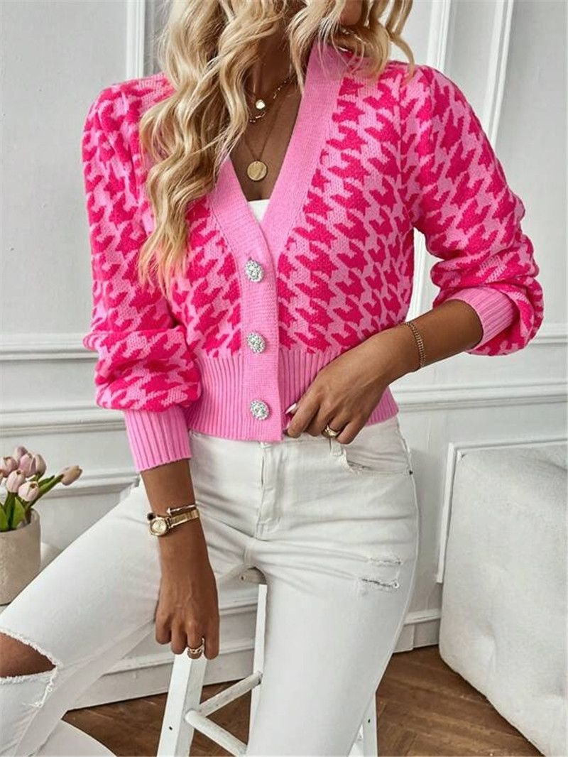 Dameskleding herfst en winter patroon lantaarn mouw gebreide cardigan trui korte jas_voghion.com