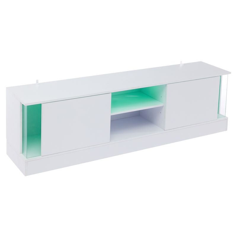 Meuble TV blanc brillant pour téléviseurs jusqu'à 70 pouces, console multimédia sur pied avec éclairage LED, centre de divertissement pour salon_voghion.com