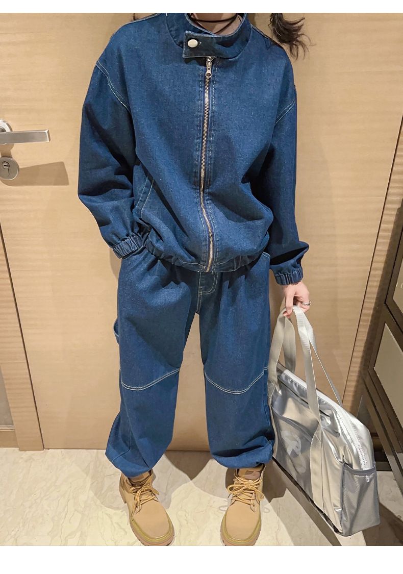 Dívčí džínový oblek, podzimní slané sladké oblečení s módním ležérním džínovým kabátem, patchworkovými kalhotami_voghion.com