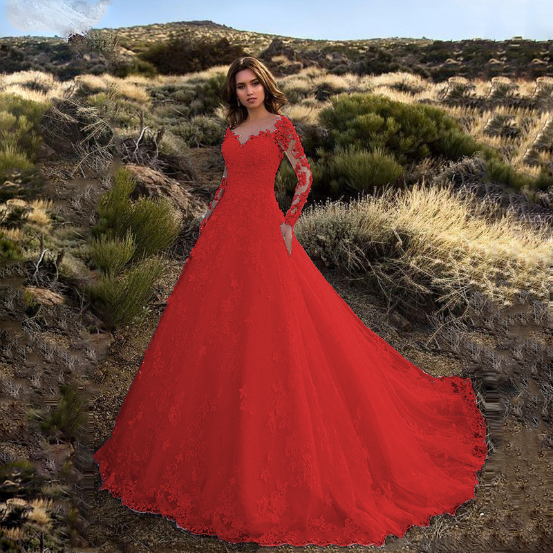 Damenbekleidung Langarm One-Shoulder Weißes Brautkleid_voghion.com