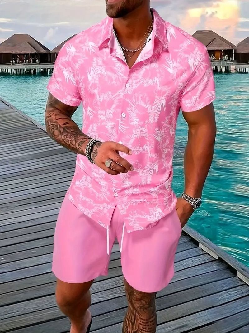 Set di camicie da uomo con stampa 3D di piante tropicali estive, moda, camicia a maniche corte, pantaloncini da spiaggia casual oversize, abiti da strada_voghion.com