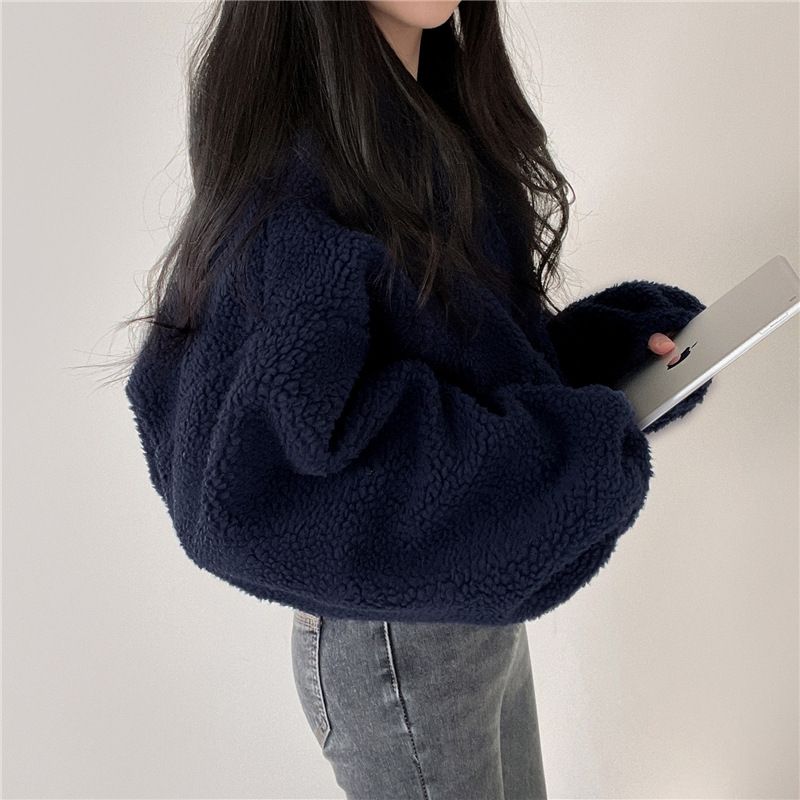 Women's Stand Collar Cropped Fleece-Lined Sweatshirt Winter Oversized Zip-Up Hoodie With Sherpa Lining Ins Style_voghion.com