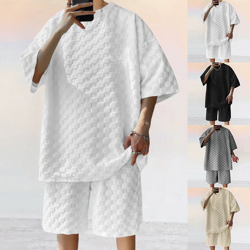 Set di pantaloncini casual a gamba dritta oversize con t-shirt a maniche corte a quadri jacquard da uomo, estate 2024_voghion.com
