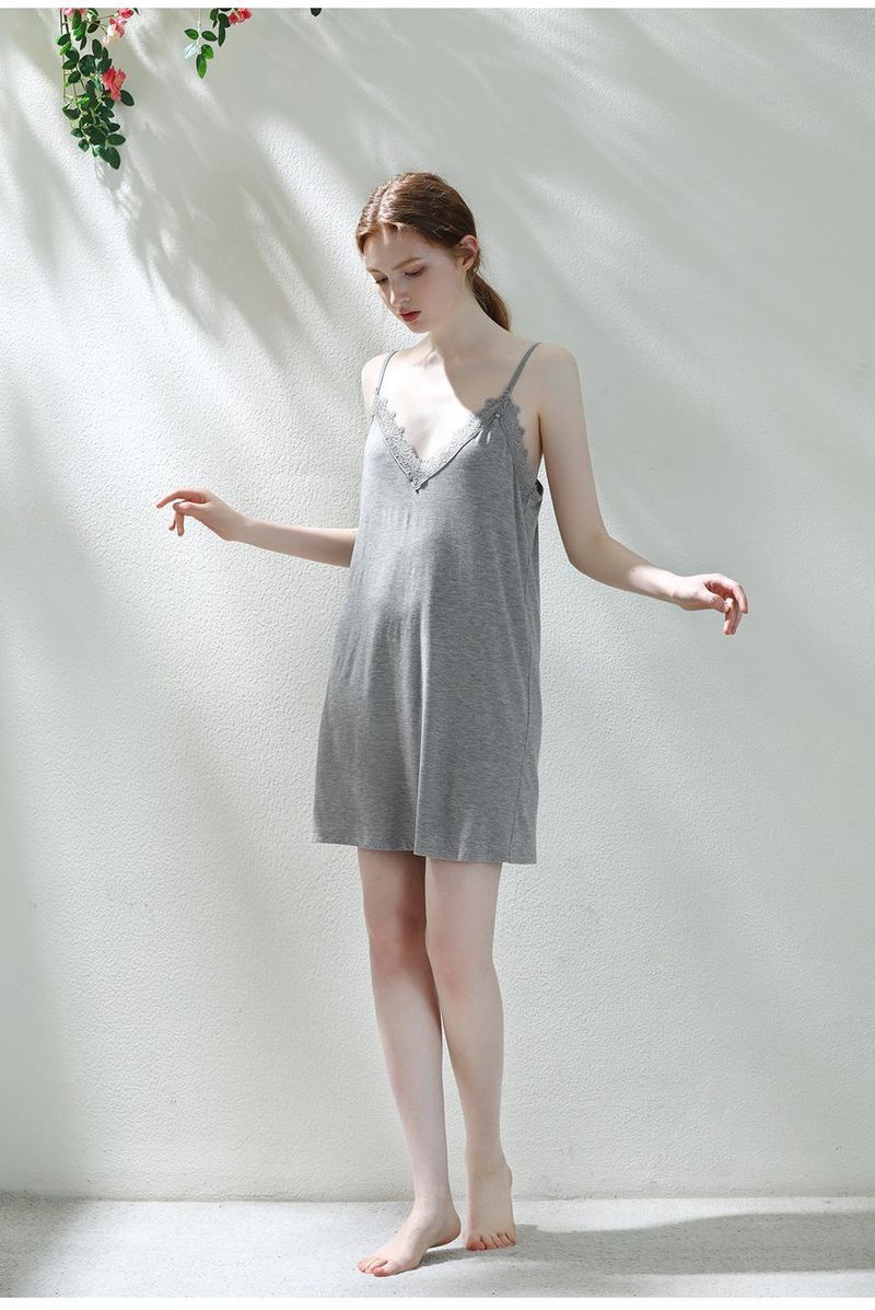 Plus-Size Elegance: Sleeveless V-neck Suspender Pajama Skirt, Pure Lace Splicing, Summer Thin Style For Curvy Women Up To 150kg_voghion.com