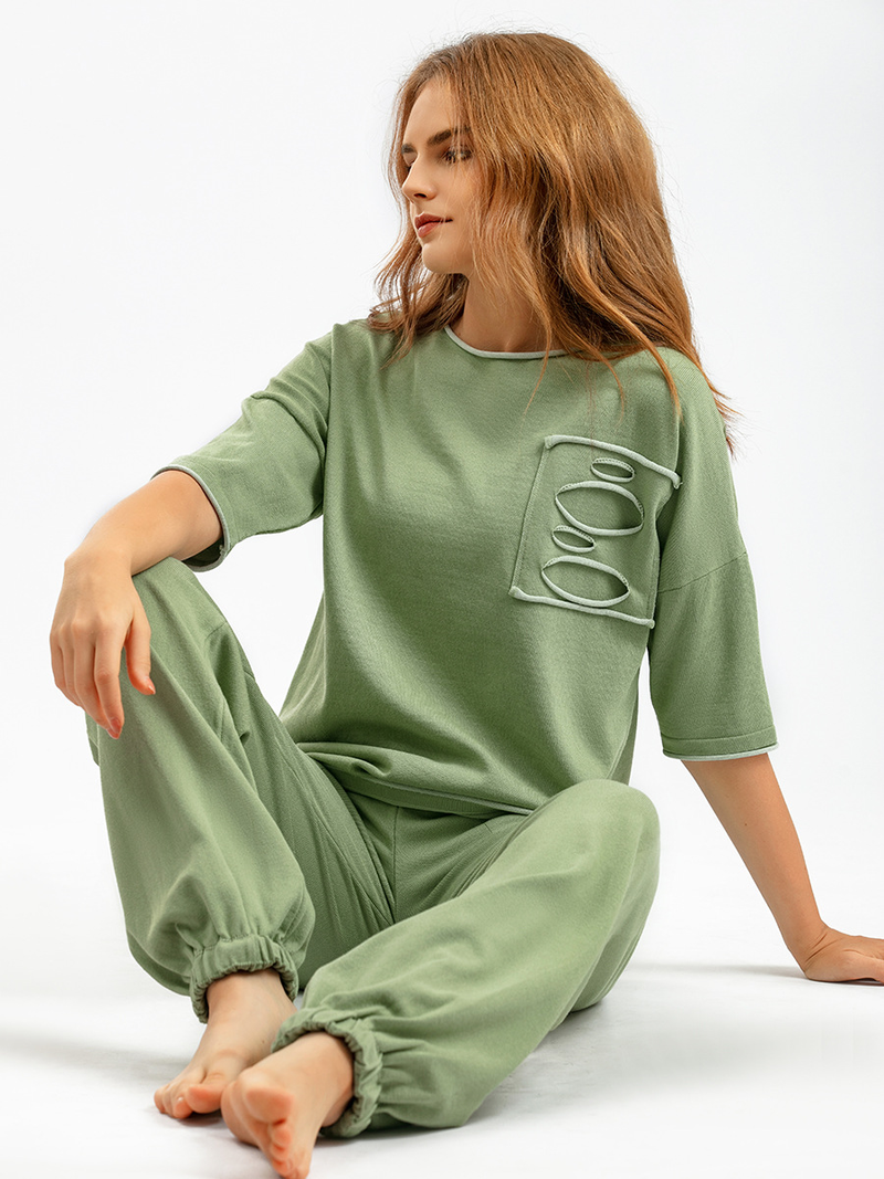 Modeset van ijszijde voor dames, korte mouw, lange broek, casual tweedelige set_voghion.com