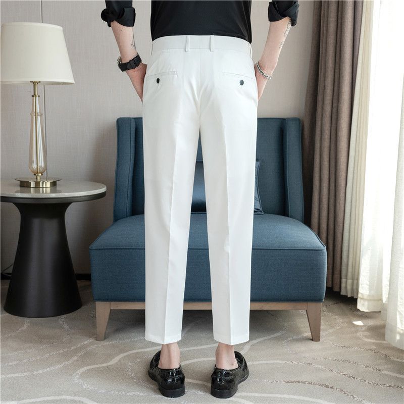 Summer new men's casual trousers, thin comfortable small straight nine-point trousers, elastic and drape on all sides, white trousers_voghion.com