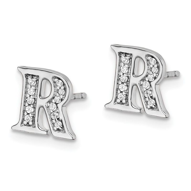 14k White Gold Diamond Initial R Earrings_voghion.com