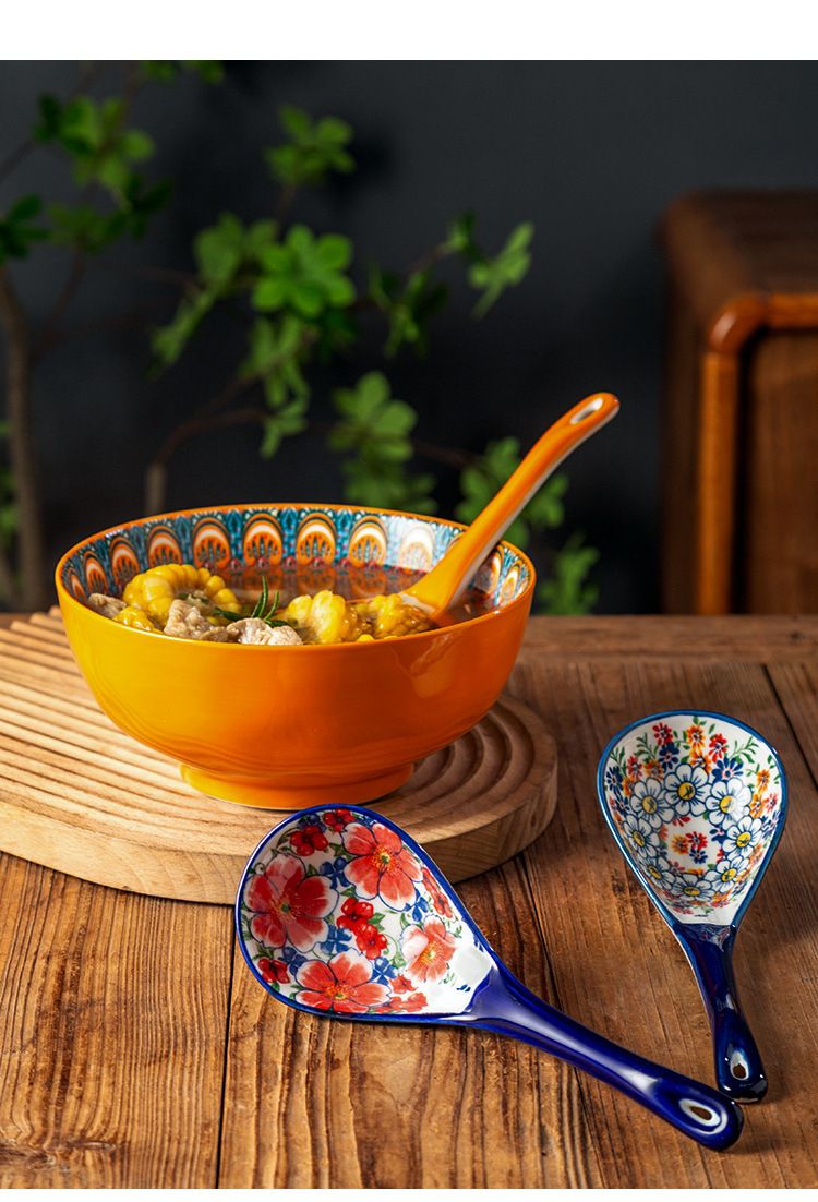 Bohemian Ceramic Soup Spoon Household Large Soup Spoon Long Handle Spoon Porridge Spoon Porridge Spoon Large Spoon_voghion.com