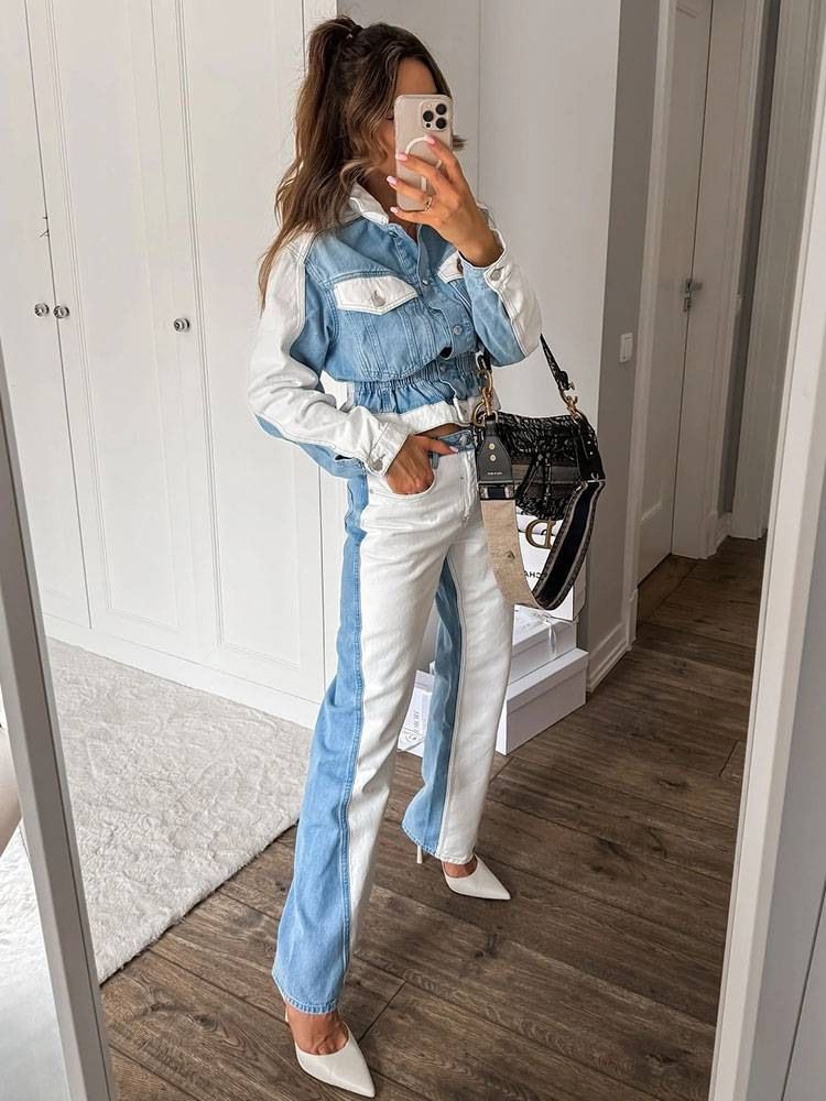 Vintage Patchwork Denim Jacket & Mid-Waist Straight Jeans Set – Retro Two-Piece Outfit_voghion.com