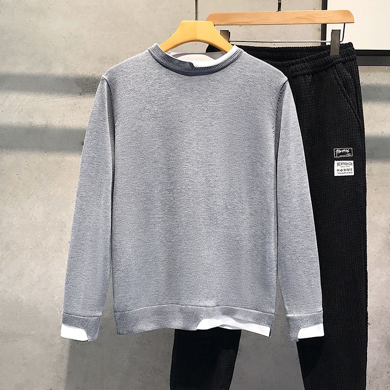 Maglione lavorato a maglia a contrasto con colori patchwork autunnali e invernali per uomo, maglione casual retrò alla moda con scollo rotondo slim fit per uomo_voghion.com