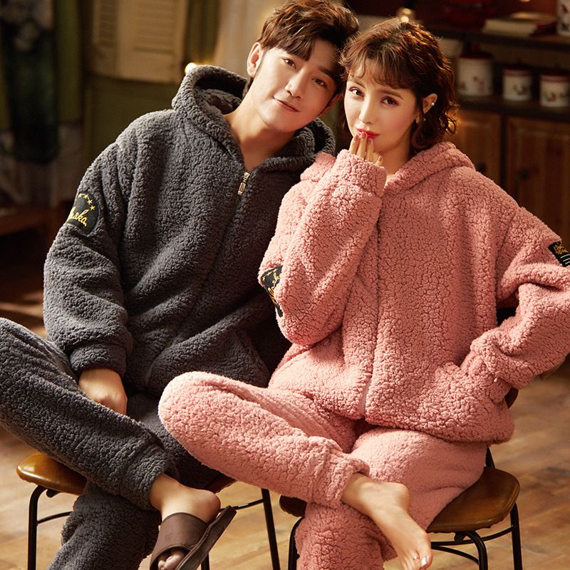 Autumn winter couples long sleeved flannel sleepwear men and women cardigans hooded with thick home clothes coral fleece_voghion.com