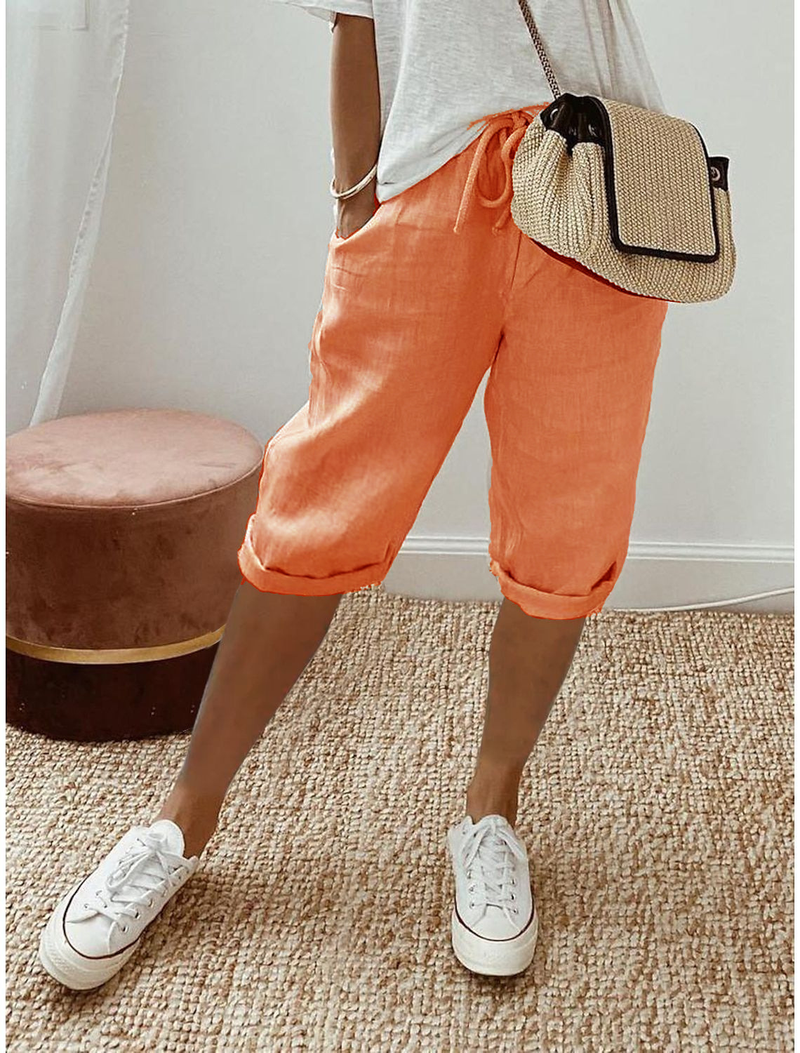 Women's Cotton And Linen Pocket Elastic Casual Pants Women's Pants Shorts_voghion.com