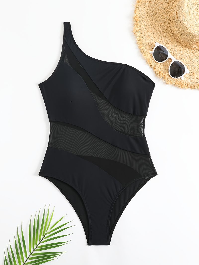 Maillot de bain une pièce sexy en maille noire pour femme, couleur unie_voghion.com