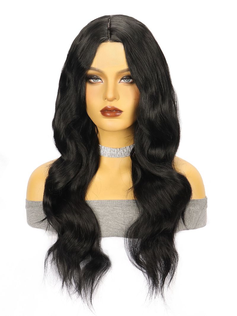 Parrucca sintetica frontale in pizzo annodata a mano per donna - Parrucca lunga e riccia con riga centrale (fibra resistente al calore, cuffia traspirante, attaccatura naturale dei capelli, pronta da indossare)_voghion.com