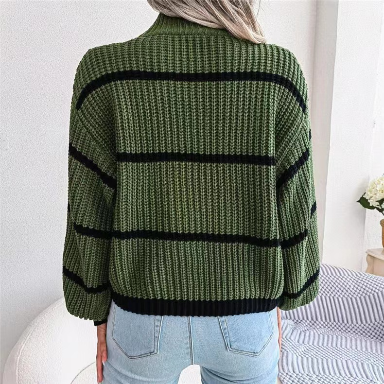 Suéter feminino casual listrado com manga lanterna e meia gola alta_voghion.com