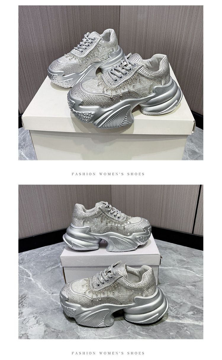 Glitter Platform Sneakers For Women - Chunky Dad Shoes With Rhinestone Accents, Breathable Mesh & Comfortable Cushioning, Fashion Casual Sports Shoes_voghion.com