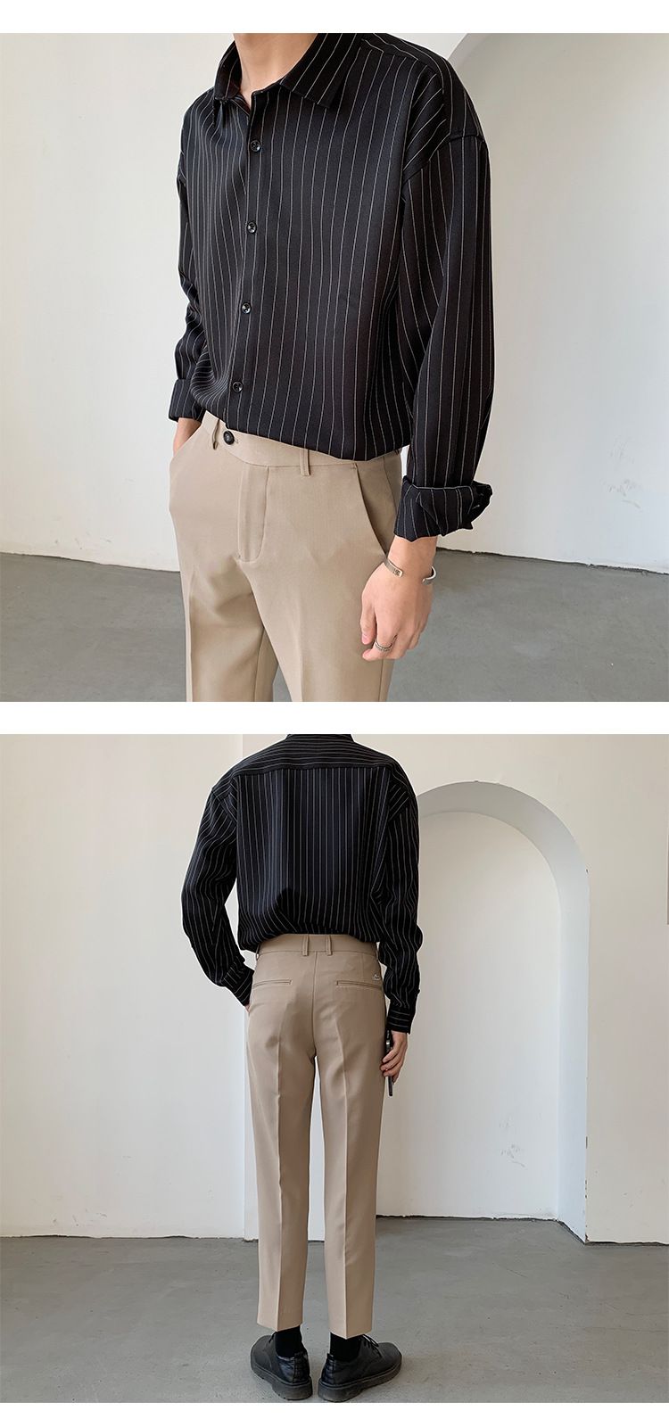 Abbigliamento da uomo Camicia casual a righe bianche e nere, da uomo, a maniche lunghe, elegante intimo, stiratura gratuita, camicia da uomo nera, primavera e autunno_voghion.com