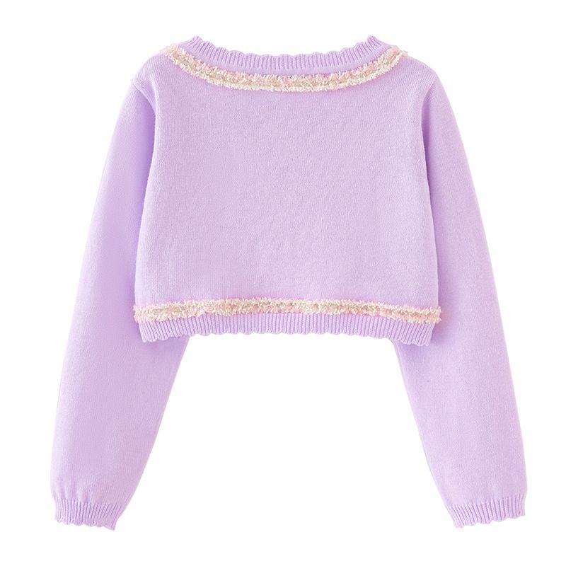 Cardigan élégant en tricot d'inspiration victorienne pour mère et enfant, avec bordure en dentelle, léger et doux, en mélange de coton (blanc-rose/blanc-noir/violet-rose)_voghion.com