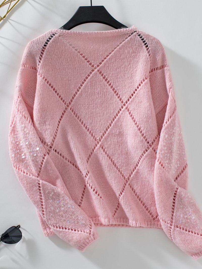 Maglione lavorato a maglia con paillettes cave alla moda Fuzzy Rain da donna, nuovo maglione ampio con motivo a rombi per autunno e inverno_voghion.com