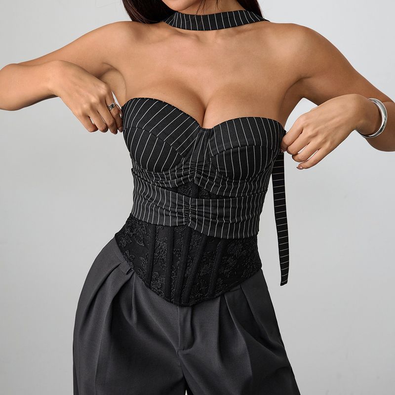 2025 Summer New Product Office Commuter Style Striped Splicing Lace Thin Backless Tube Top_voghion.com