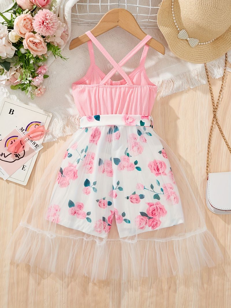 Mutter & Kinder INS Mädchen Mode Mesh Spleißen und Blume Volldruck Jumpsuit Sommerkleid_voghion.com