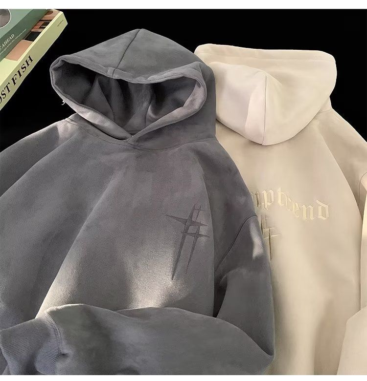 Felpa con cappuccio da uomo in pelle scamosciata pesante con lettere ricamate, giacca casual ampia da autunno e inverno_voghion.com