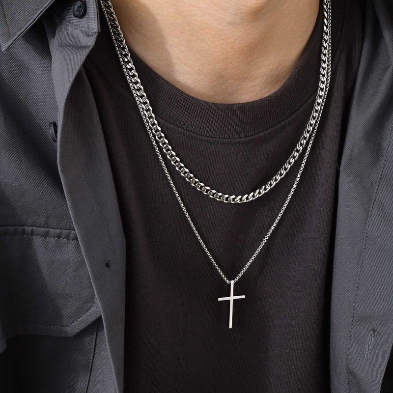Collane da uomo Vnox, ciondolo a croce semplice a strati in acciaio inossidabile, collana con catena a scatola di corda, semplice collare con preghiera di Gesù_voghion.com