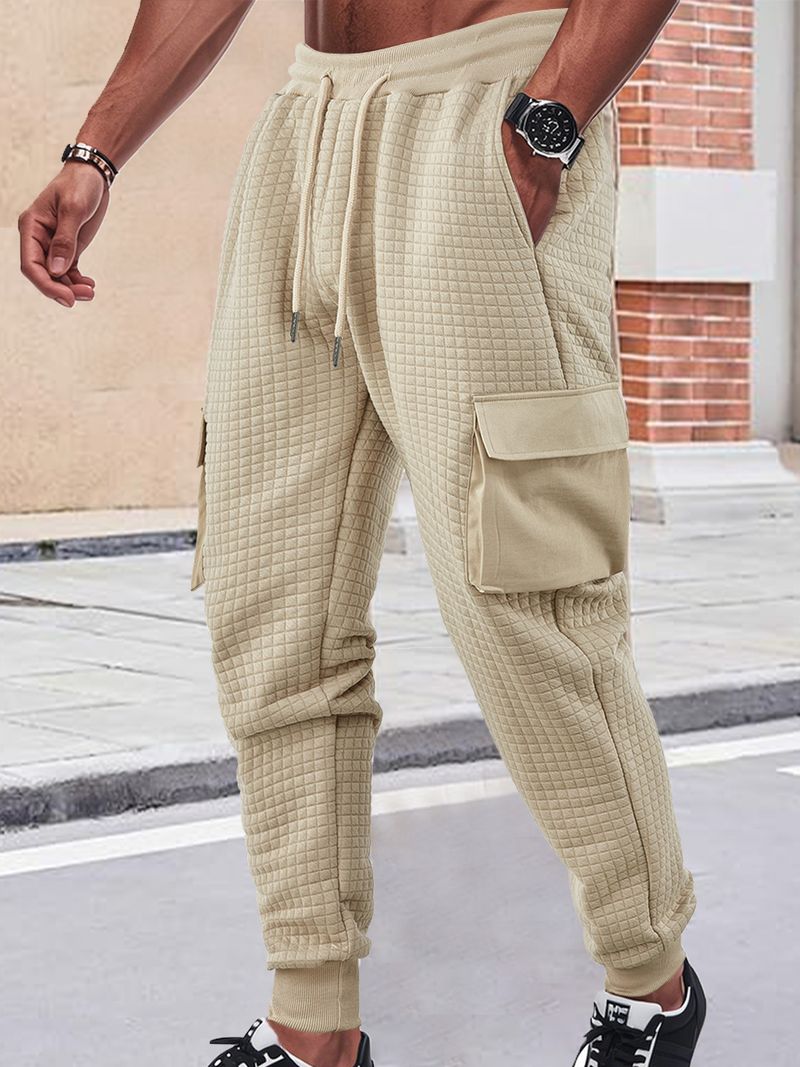 Men's Spring And Autumn New Thickened Multi-Pocket Jacquard Checkered Casual Cargo Pants_voghion.com