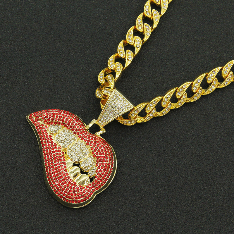 Trendy personaliséiert rosa Lippen Diamant Zänn Anhänger Halskette fir Männer dominant, cool an iwwerdriwwe kubanesch Kette Accessoiren_voghion.com