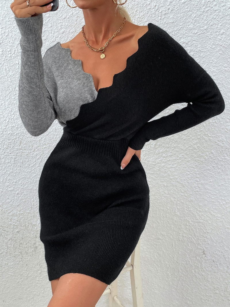 Vêtements pour femmes, pull, col en v, manches chauve-souris ondulées, robe tricotée_voghion.com