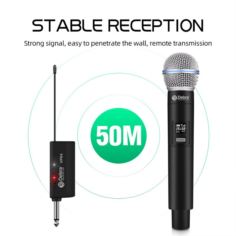 Debra Kabelloses Mikrofon, 4-Kanal-System, eingebauter Lithium-Akku, wiederaufladbares Handmikrofon, 50 m Reichweite, für Karaoke_voghion.com