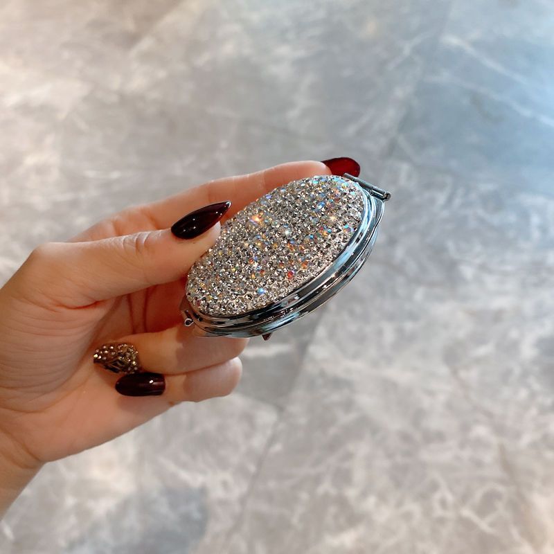 Elegante ronde minispiegel met diamanten – compacte dubbelzijdige make-upspiegel met klapdeksel voor thuis en op reis (6 cm, PU/PS/PVC-frame)_voghion.com