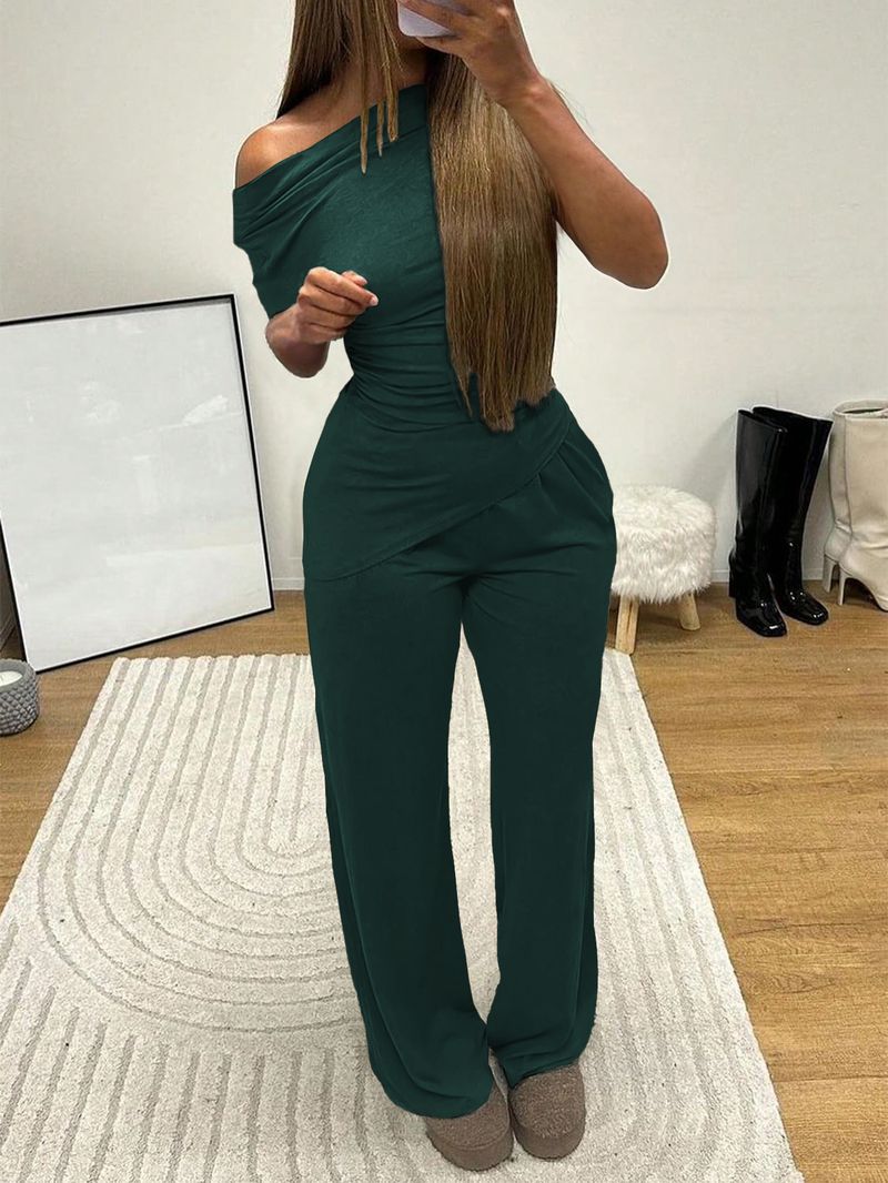 Minimalist Elegance Women's Short Sleeve Pants Set – Wrinkle-Resistant Knit, Polyester-Spandex Blend (S-XL, Burgundy/Black/Camel/Green, Summer)_voghion.com