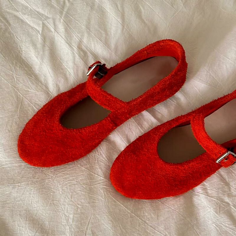 Cowhide Version Version Of Round Toe Mary Jane Shoes, Brushed Cowhide Shallow Mouth Flat Shoes, Red Single Shoes For Women_voghion.com