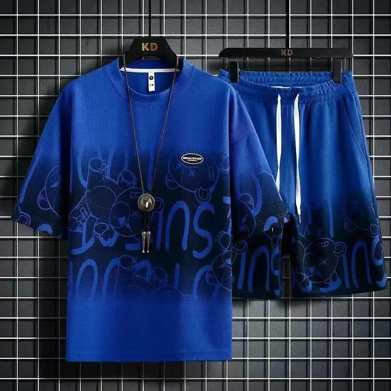 Herrenbekleidung Waffel Kurzarm Casual Sportanzug Herren Sommermode Trend Fünf-Punkt-Shorts Marke Gradient Zweiteiliger Anzug_voghion.com
