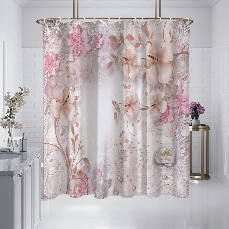 Cortina de ducha avec estampado de flores de encaje rosa, imperméable, lavable, avec 12 crochets, pour bain, usage domestique, 1 unité_voghion.com