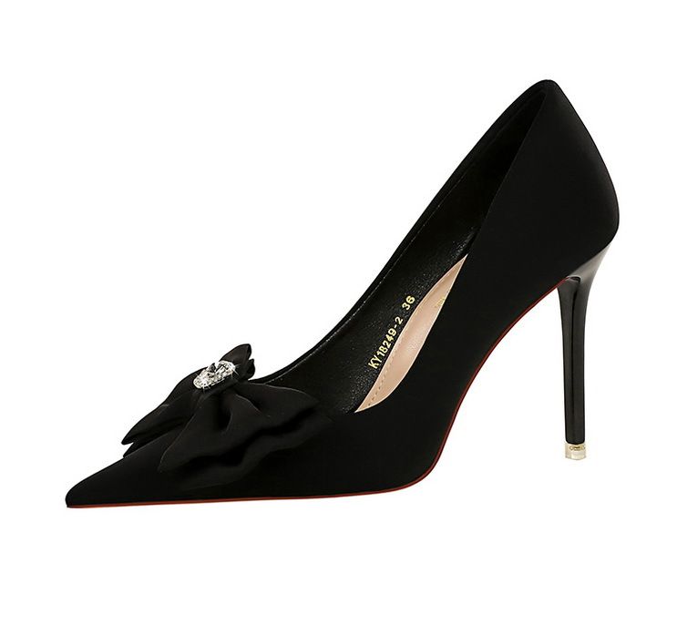 18249-H33 Korean Fashion Banquet Thin Heels, Shallow Mouth, Pointed Water Diamond Bow, High Heel Single Shoes For Women_voghion.com