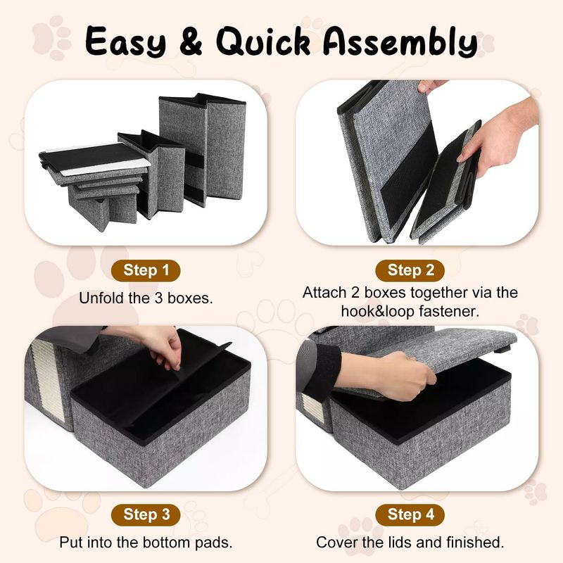 Dog Stairs For Bed And Couch 42cm H, Foldable Dog Stairs For Small Older Dogs Cats, 4 In 1 Adjustable Pet Cat Stairs Steps With Storage, Dog Ramps With Condo, Cat Scratcher, Hold Up To 180LBS_voghion.com