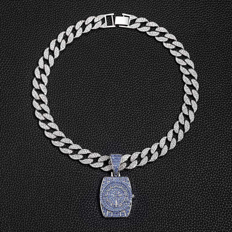 Collana cubana versatile da uomo con ciondolo a forma di orologio da polso blu con diamantato, stile hip hop retrò originale di nicchia_voghion.com