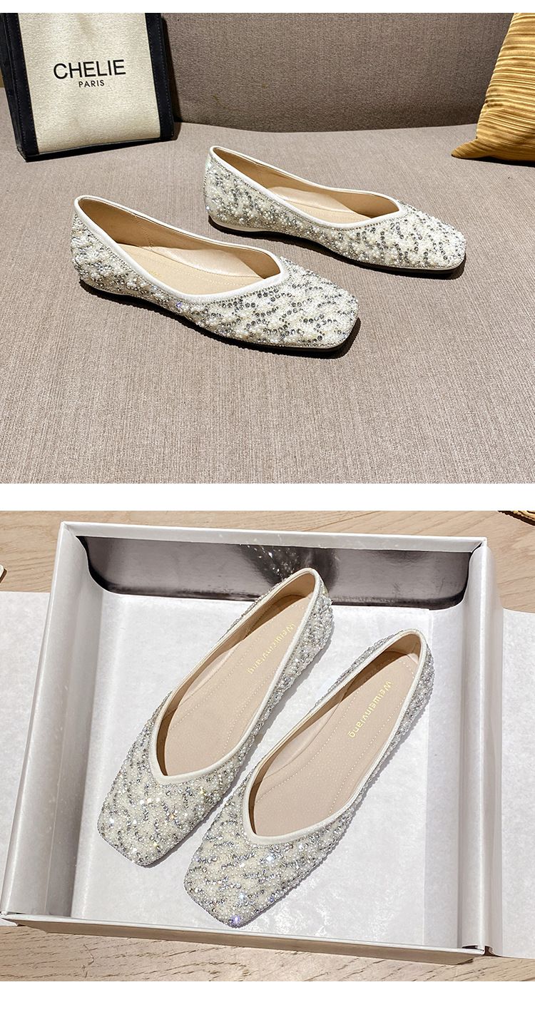 Pointed Single Shoes Women's Flat Bottom Shallow Mouth One Pedal Doudou Shoes Soft Sole Rhinestone Ladyshoes Women_voghion.com