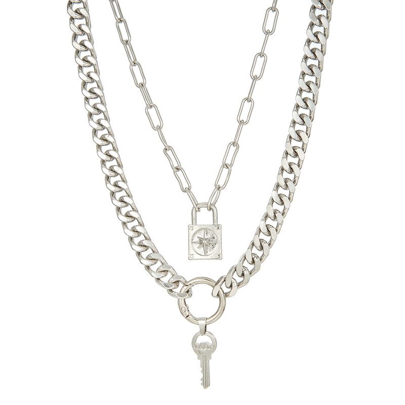 Double Layer Cuban Chain Necklace Retro Punk Lock Key Pendant Clavicle Chain Multi Layer Stacking Sweater Chain Female_voghion.com