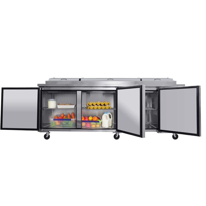 Orikool 93 IN Commercial Pizza Prep Table With A Built-in Refrigerator 30.8 Cu.Ft, Butcher Block Cutting Board, Protection Lid, Cold Storage, And Smooth-Rolling Casters, ETL Certified_voghion.com