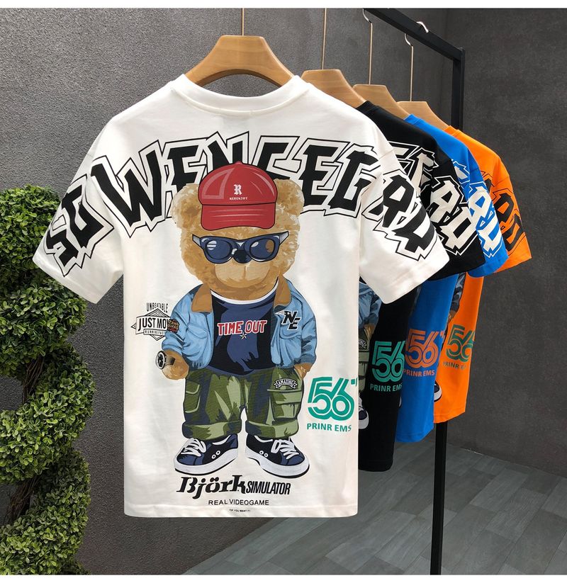 Herrenbekleidung Kurzarm-T-Shirt mit Cartoon-Bär-Aufdruck für Herren, Sommermode, All-Match, lässiger Rundhalspullover, lockeres Oberteil_voghion.com
