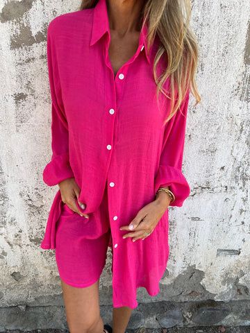 Conjunto de duas peças feminino casual de algodão e linho, cor sólida, manga comprida, camisa de tecido amassado, 2025_voghion.com