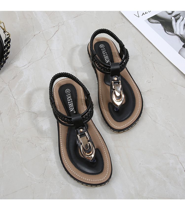 Flip-toe Sandals Women's Summer Non-slip Clamping Foot Flat Gold Buckle Casual Flat Sandals_voghion.com