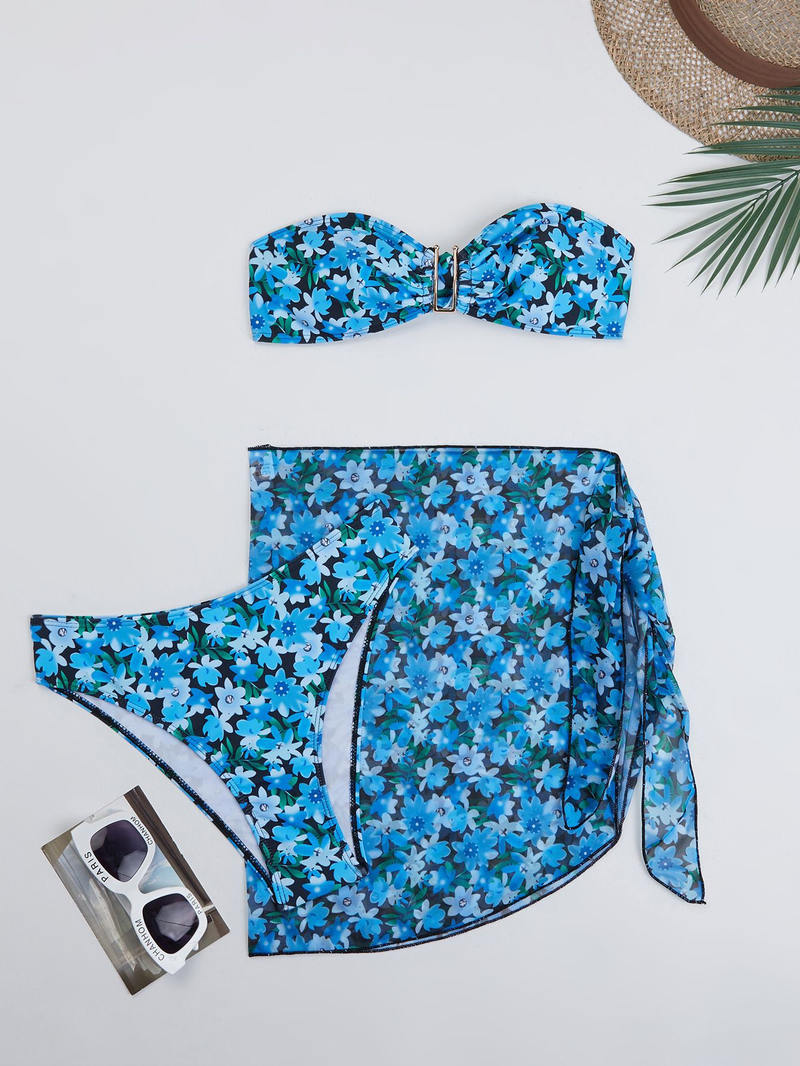 Damen Split Metall U-förmiger Bikini BIKINI dreiteiliger bedruckter Badeanzug_voghion.com