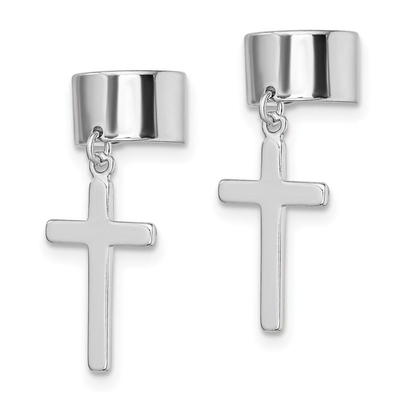Sterling Silver Rhodium-plated Polished Cross Pair Of Cuff Earrings_voghion.com